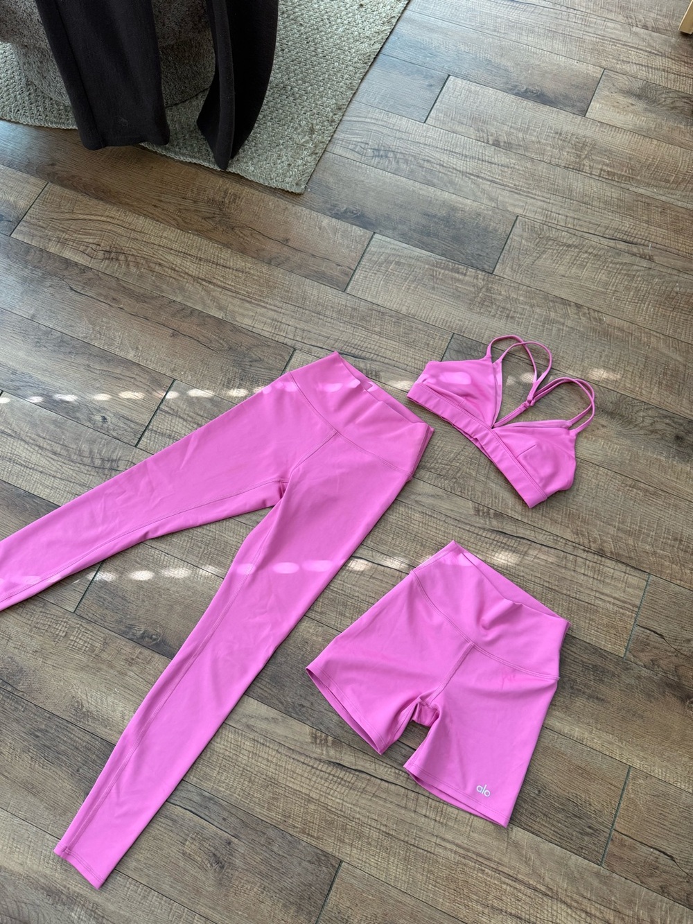ALO Yoga 3 Piece Paradise Pink activewear set- Bra, Leggings & Shorts